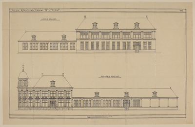 217176 Opstanden van de linker zijgevel en de rechter zijgevel van het nieuwe gebouw van de Rijksmunt (Leidseweg 90) te ...
